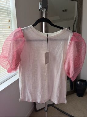 Joh Apparel White Tee with Pink Puff Sleeves - Sheer Check Puff Sleeve Top